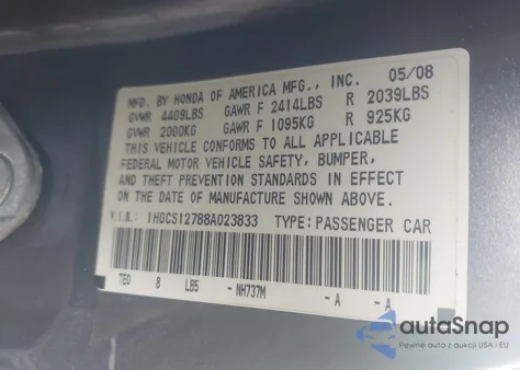 2008 Honda Accord 2.4 Ex z USA, uszkodzony, nr VIN 1HGCS12788A023833